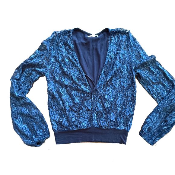 Nightcap Blue Lace Tie Front Blouse XS Long Sleeve V-Neck Boho Lined Top - Picture 4 of 8